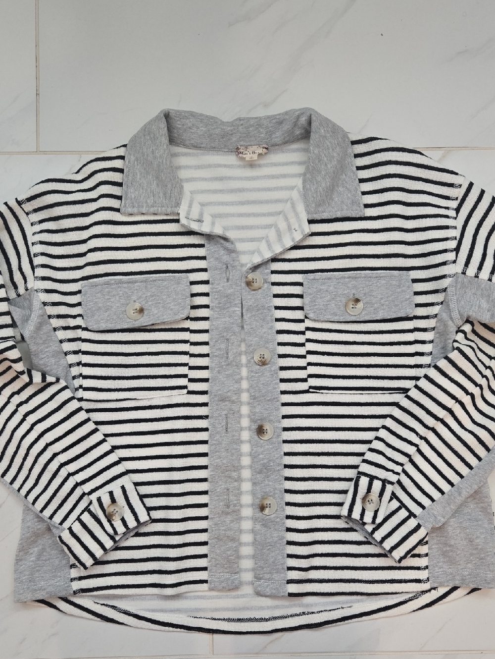 Hem & Thread Black and White Striped Button-Down Knit Top
